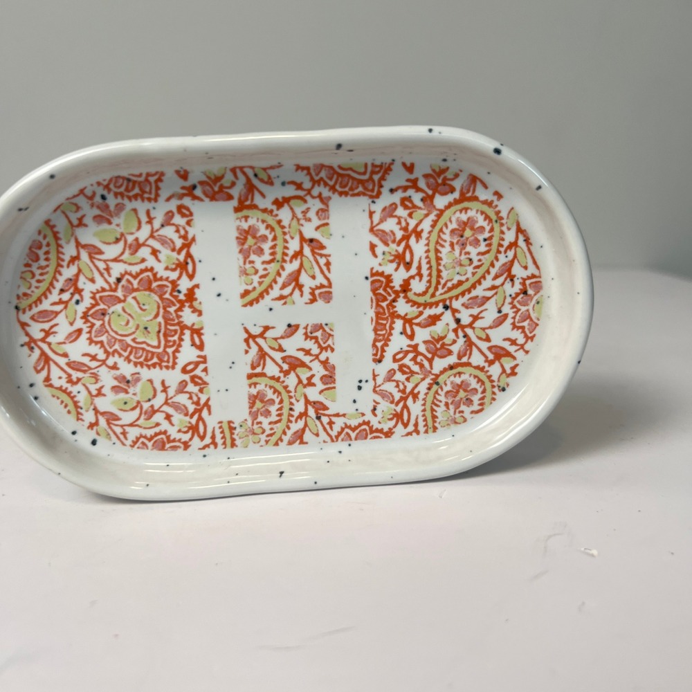 Anthropologie Trinket Dish Orange Monogram H Paisley Floral Tray Boho Beach